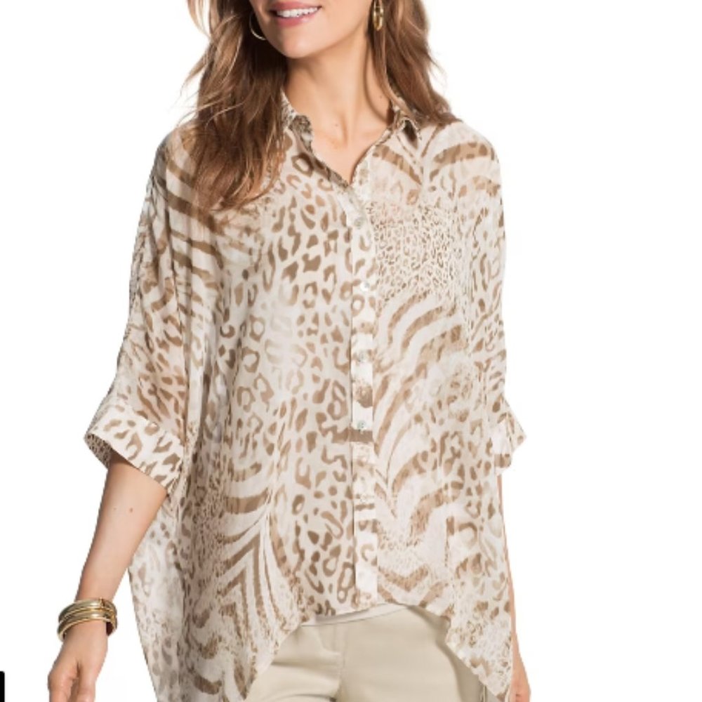 Chico's Becca Animal Print Lightweight Button-down Kimono Style Jacket Cover-up